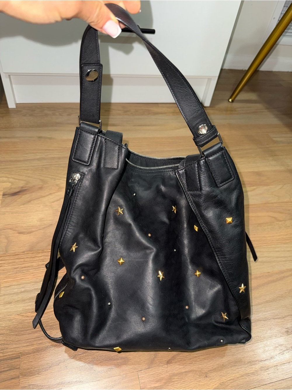 All Saints Black Leather Shoulder Bag / Backpack with Gold Star Studs